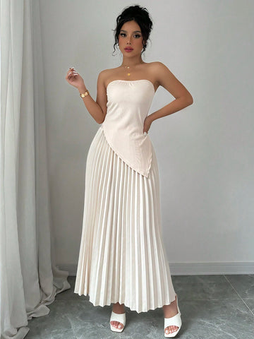 2pcs Women's Solid Asymmetric Hem Bandeau Top And Pleated Skirt Elegant Set