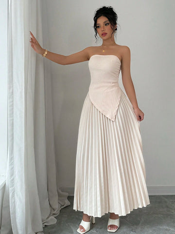 2pcs Women's Solid Asymmetric Hem Bandeau Top And Pleated Skirt Elegant Set