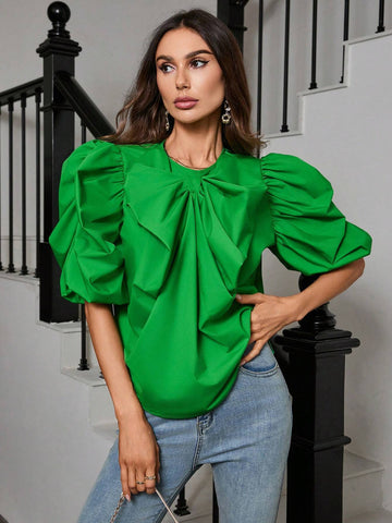 Privé 3D Bow & Big Flower Decor Puff Sleeve Women's Interesting Shirt