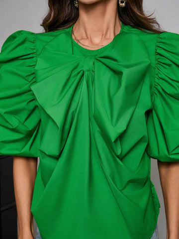 Privé 3D Bow & Big Flower Decor Puff Sleeve Women's Interesting Shirt