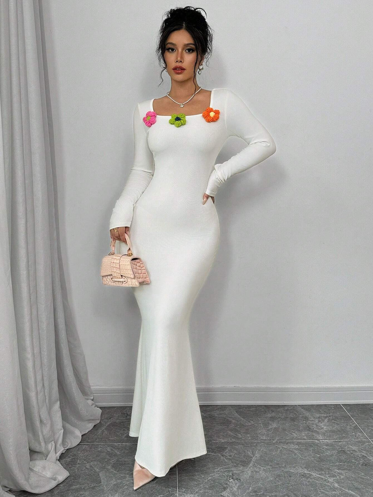 3D Floral Decor Round Neck Long Sleeve Slim Fit Casual Long Dress