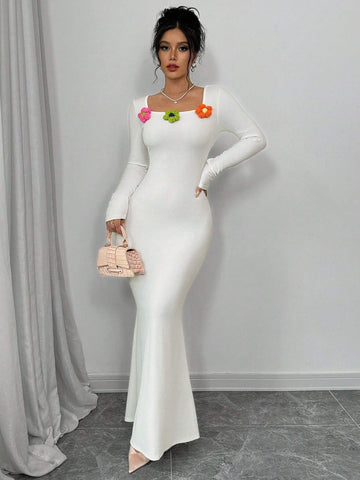 3D Floral Decor Round Neck Long Sleeve Slim Fit Casual Long Dress