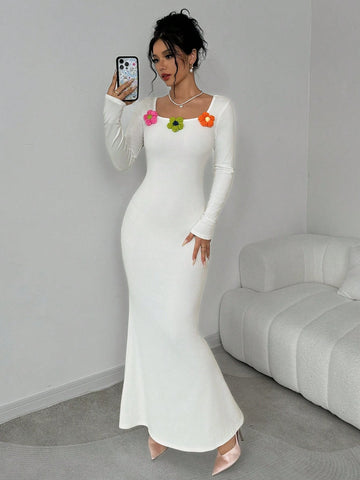 3D Floral Decor Round Neck Long Sleeve Slim Fit Casual Long Dress