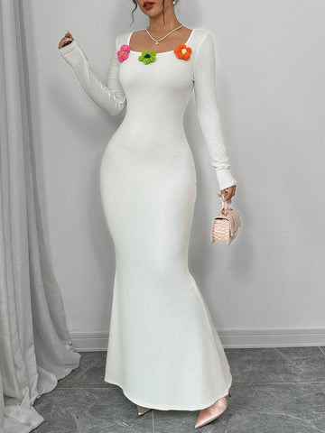 3D Floral Decor Round Neck Long Sleeve Slim Fit Casual Long Dress