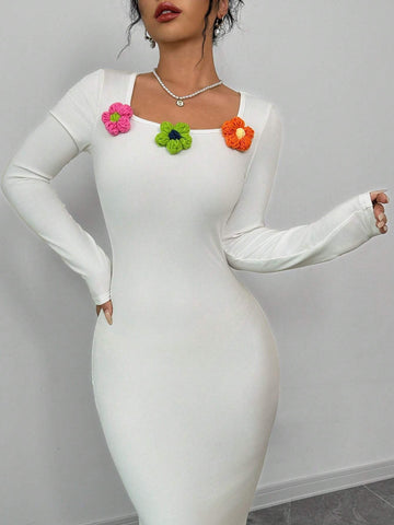 3D Floral Decor Round Neck Long Sleeve Slim Fit Casual Long Dress