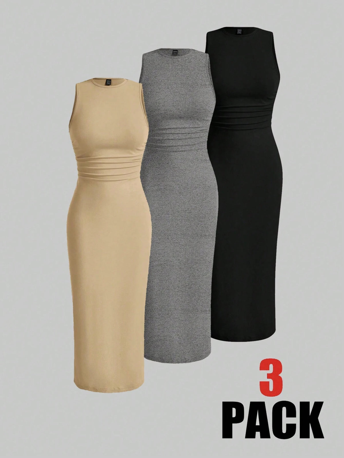 3pcs Pleated Detail Sleeveless Dress