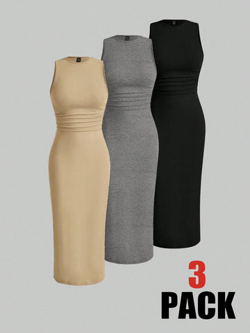 3pcs Pleated Detail Sleeveless Dress