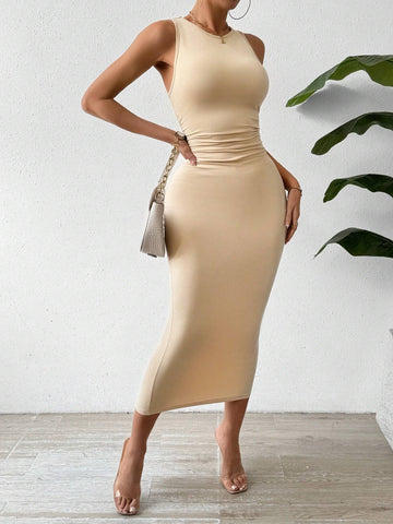 3pcs Pleated Detail Sleeveless Dress