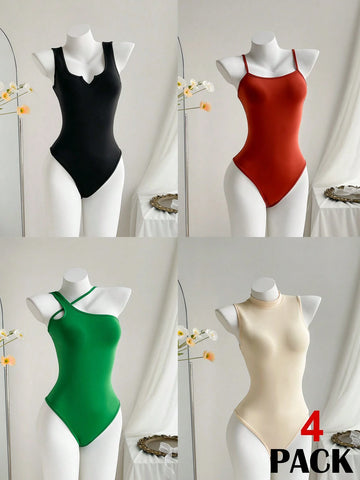 4pcs/Set Women's Solid Color Sleeveless Bodysuit In Various Styles