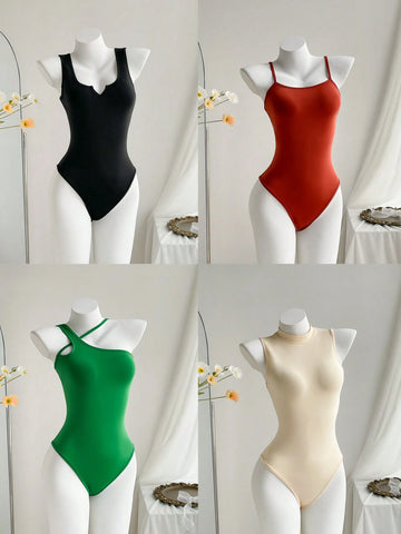 4pcs/Set Women's Solid Color Sleeveless Bodysuit In Various Styles