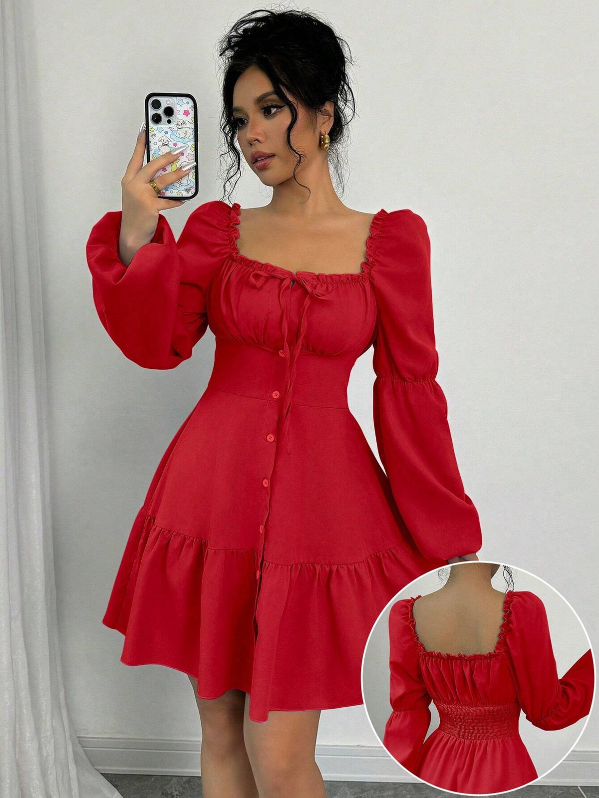 A-Line Scoop Neck Long Puff Sleeve Ruffle Hem Dress