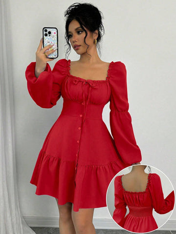 A-Line Scoop Neck Long Puff Sleeve Ruffle Hem Dress
