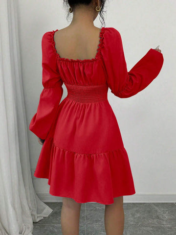 A-Line Scoop Neck Long Puff Sleeve Ruffle Hem Dress