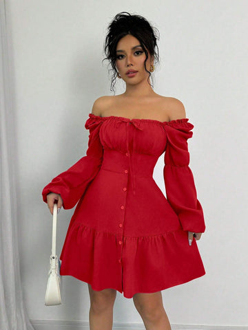 A-Line Scoop Neck Long Puff Sleeve Ruffle Hem Dress
