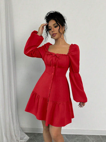 A-Line Scoop Neck Long Puff Sleeve Ruffle Hem Dress