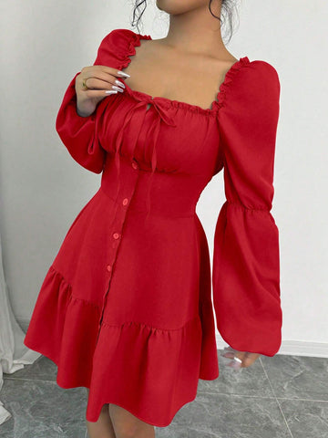 A-Line Scoop Neck Long Puff Sleeve Ruffle Hem Dress
