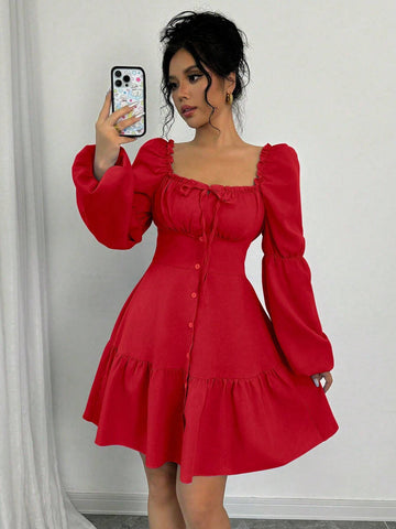 A-Line Scoop Neck Long Puff Sleeve Ruffle Hem Dress