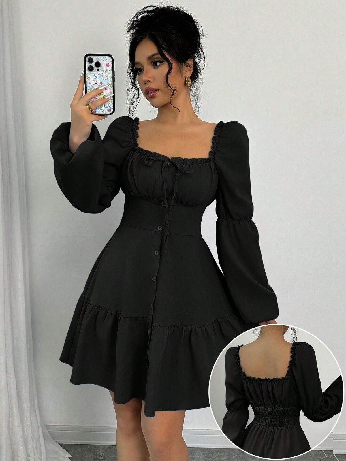 A-Line Square Collar Long Puff Sleeve Ruffle Hem Dress