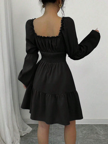 A-Line Square Collar Long Puff Sleeve Ruffle Hem Dress