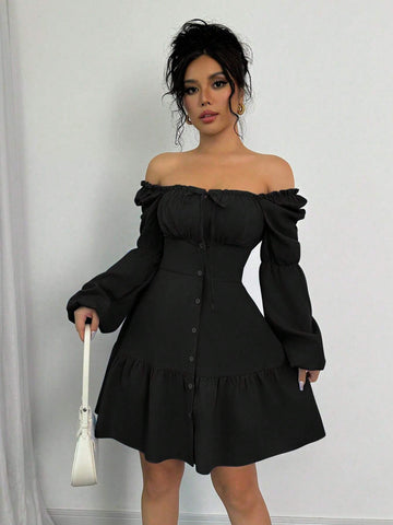 A-Line Square Collar Long Puff Sleeve Ruffle Hem Dress