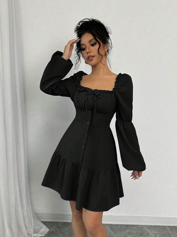 A-Line Square Collar Long Puff Sleeve Ruffle Hem Dress