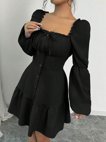 A-Line Square Collar Long Puff Sleeve Ruffle Hem Dress