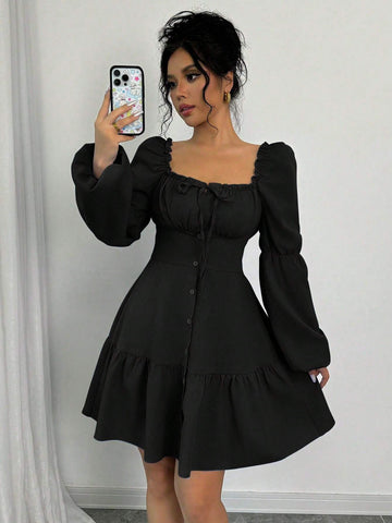 A-Line Square Collar Long Puff Sleeve Ruffle Hem Dress