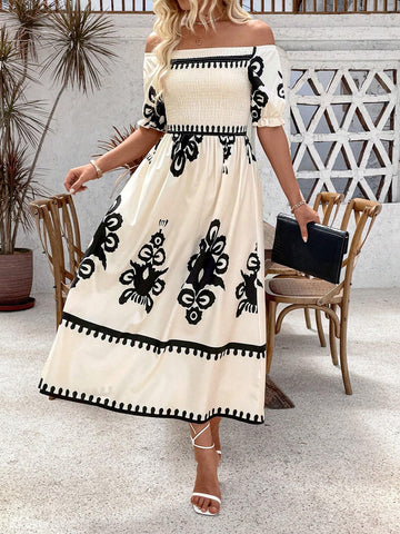All-Over Print Off-Shoulder Summer Elegant Dress