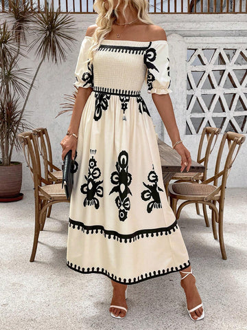 All-Over Print Off-Shoulder Summer Elegant Dress