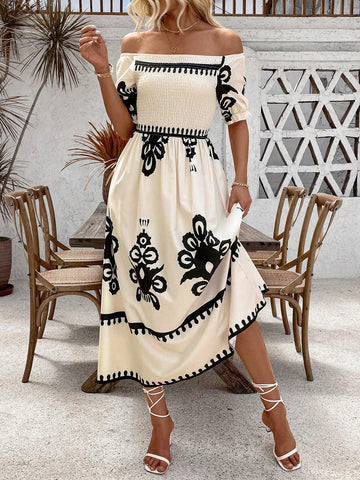 All-Over Print Off-Shoulder Summer Elegant Dress