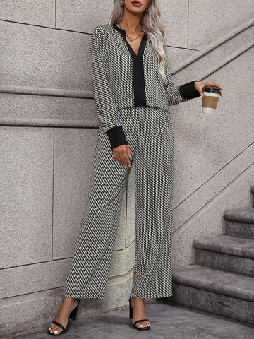 Allover Print Notched Neckline Blouse & Wide Leg Pants