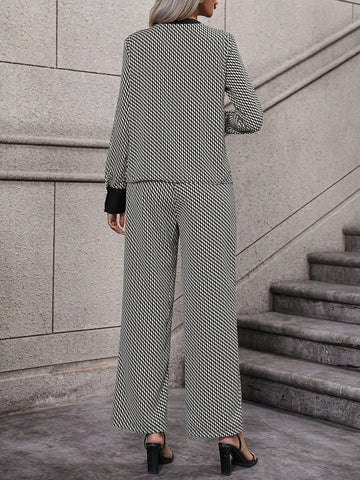 Allover Print Notched Neckline Blouse & Wide Leg Pants