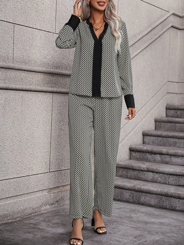 Allover Print Notched Neckline Blouse & Wide Leg Pants