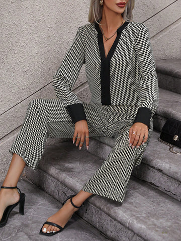 Allover Print Notched Neckline Blouse & Wide Leg Pants