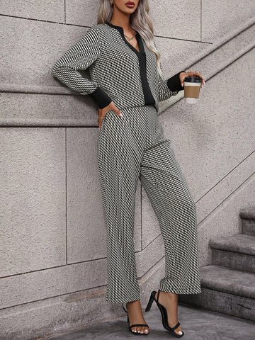 Allover Print Notched Neckline Blouse & Wide Leg Pants