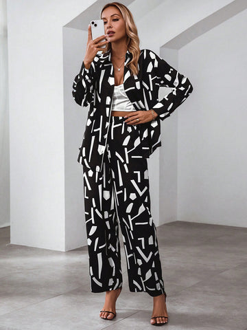 Allover Print Shirt & Wide Leg Pants