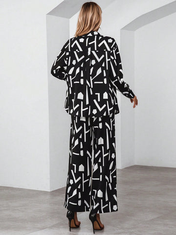 Allover Print Shirt & Wide Leg Pants