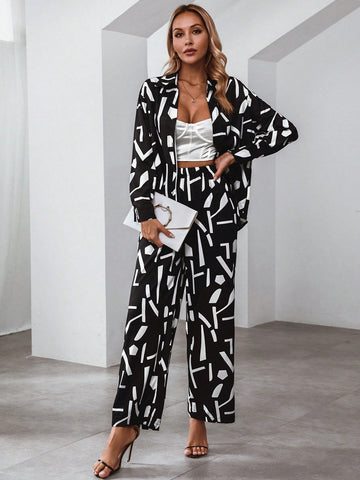 Allover Print Shirt & Wide Leg Pants