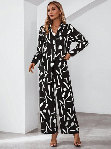 Allover Print Shirt & Wide Leg Pants