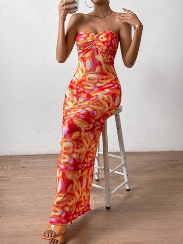 Allover Print Twist Front Tube Dress