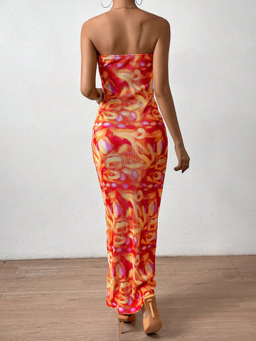 Allover Print Twist Front Tube Dress