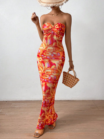 Allover Print Twist Front Tube Dress