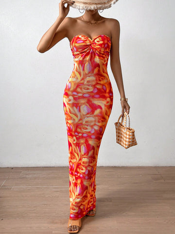 Allover Print Twist Front Tube Dress