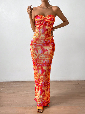 Allover Print Twist Front Tube Dress