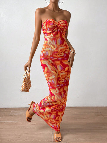 Allover Print Twist Front Tube Dress