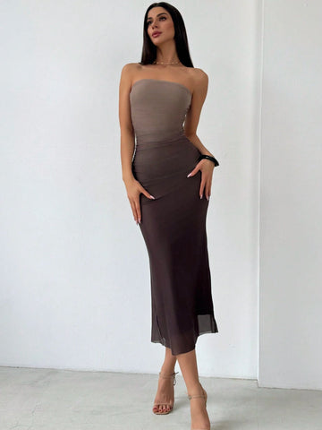 American Style Gradient Mesh Strapless Bodycon Dress