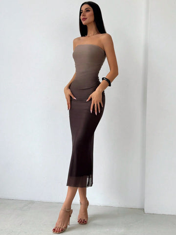 American Style Gradient Mesh Strapless Bodycon Dress
