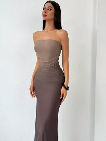 American Style Gradient Mesh Strapless Bodycon Dress