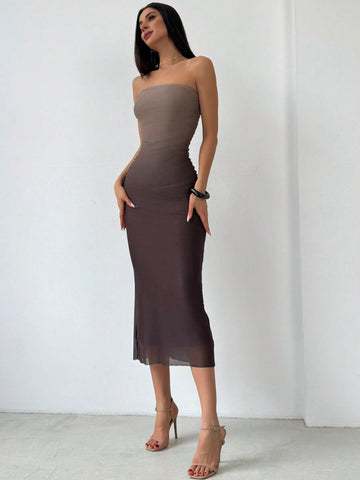 American Style Gradient Mesh Strapless Bodycon Dress