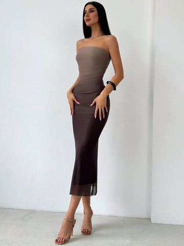American Style Gradient Mesh Strapless Bodycon Dress